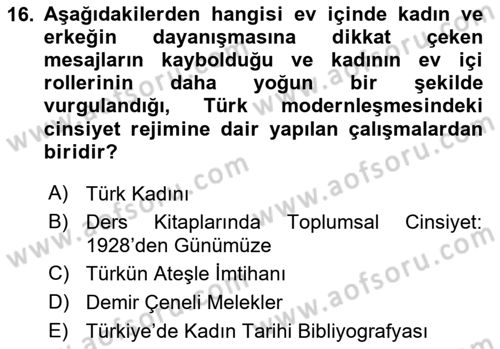 Toplumsal Cinsiyet Sosyolojisi Dersi 2023 - 2024 Yılı Yaz Okulu Sınav Soruları 16. Soru