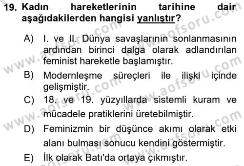 Toplumsal Cinsiyet Sosyolojisi Dersi 2023 - 2024 Yılı Yaz Okulu Sınav Soruları 19. Soru