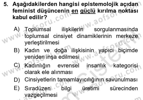 Toplumsal Cinsiyet Sosyolojisi Dersi 2023 - 2024 Yılı Yaz Okulu Sınav Soruları 5. Soru