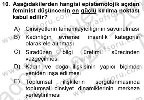 Toplumsal Cinsiyet Sosyolojisi Dersi Ara Sınavı Deneme Sınav Soruları 10. Soru