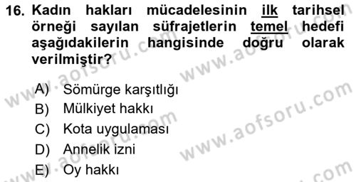 Toplumsal Cinsiyet Sosyolojisi Dersi Ara Sınavı Deneme Sınav Soruları 16. Soru
