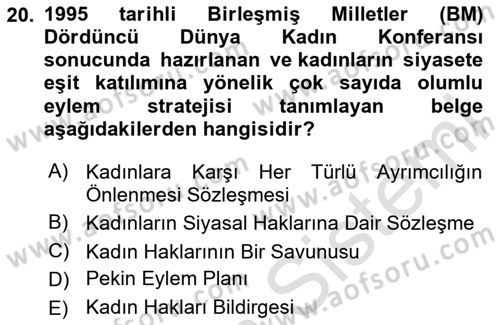 Toplumsal Cinsiyet Sosyolojisi Dersi 2024 - 2025 Yılı (Vize) Ara Sınav Soruları 20. Soru