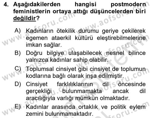 Toplumsal Cinsiyet Sosyolojisi Dersi 2024 - 2025 Yılı (Vize) Ara Sınav Soruları 4. Soru