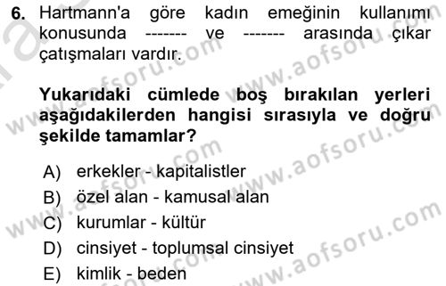 Toplumsal Cinsiyet Sosyolojisi Dersi 2024 - 2025 Yılı (Vize) Ara Sınav Soruları 6. Soru
