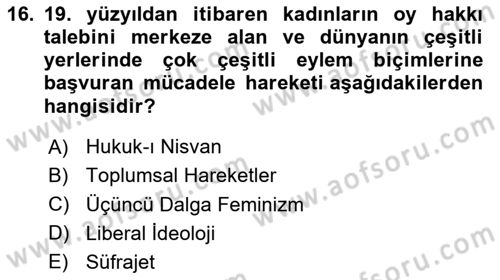 Toplumsal Cinsiyet Sosyolojisi Dersi 2024 - 2025 Yılı (Final) Dönem Sonu Sınav Soruları 16. Soru