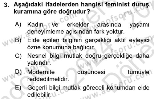 Toplumsal Cinsiyet Sosyolojisi Dersi 2024 - 2025 Yılı (Final) Dönem Sonu Sınav Soruları 3. Soru