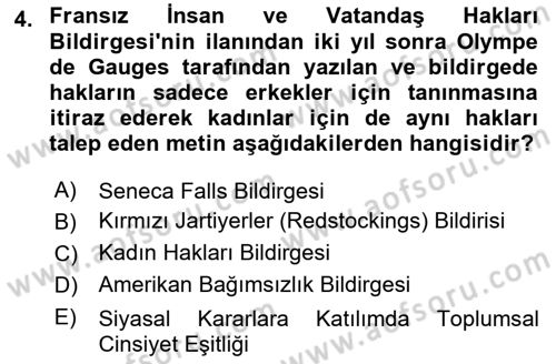 Toplumsal Cinsiyet Sosyolojisi Dersi 2024 - 2025 Yılı (Final) Dönem Sonu Sınav Soruları 4. Soru