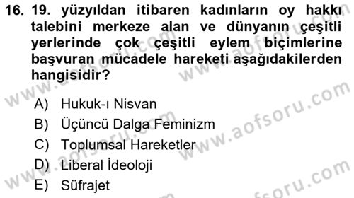 Toplumsal Cinsiyet Sosyolojisi Dersi Yaz Okulu Sınavı Deneme Sınav Soruları 16. Soru
