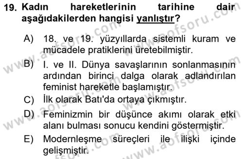 Toplumsal Cinsiyet Sosyolojisi Dersi Yaz Okulu Sınavı Deneme Sınav Soruları 19. Soru