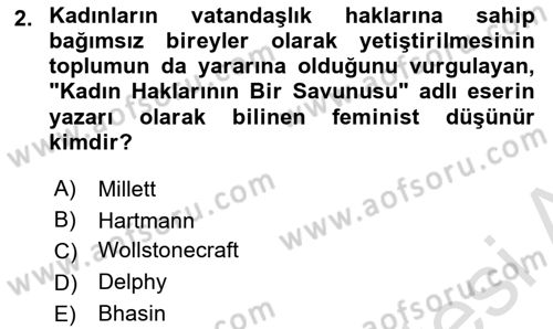 Toplumsal Cinsiyet Sosyolojisi Dersi Yaz Okulu Sınavı Deneme Sınav Soruları 2. Soru