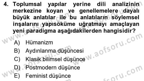 Toplumsal Cinsiyet Sosyolojisi Dersi 2024 - 2025 Yılı Yaz Okulu Sınav Soruları 4. Soru