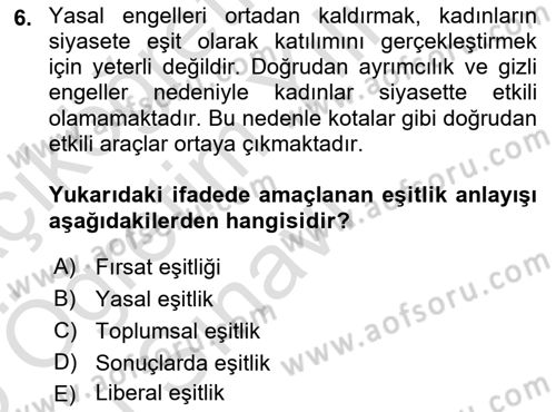 Toplumsal Cinsiyet Sosyolojisi Dersi Yaz Okulu Sınavı Deneme Sınav Soruları 6. Soru