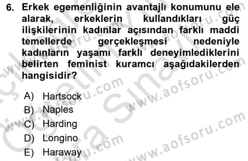 Toplumsal Cinsiyet Sosyolojisi Dersi 2025 - 2026 Yılı (Vize) Ara Sınav Soruları 6. Soru