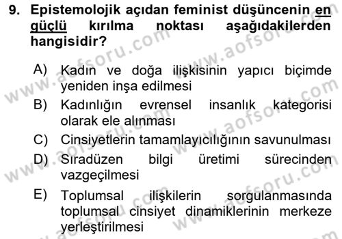 Toplumsal Cinsiyet Sosyolojisi Dersi 2025 - 2026 Yılı (Vize) Ara Sınav Soruları 9. Soru