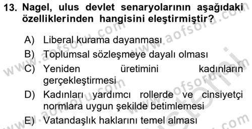 Toplumsal Cinsiyet Sosyolojisi Dersi 2025 - 2026 Yılı (Final) Dönem Sonu Sınav Soruları 13. Soru