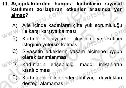 Toplumsal Cinsiyet Sosyolojisi Dersi 2025 - 2026 Yılı Yaz Okulu Sınav Soruları 11. Soru