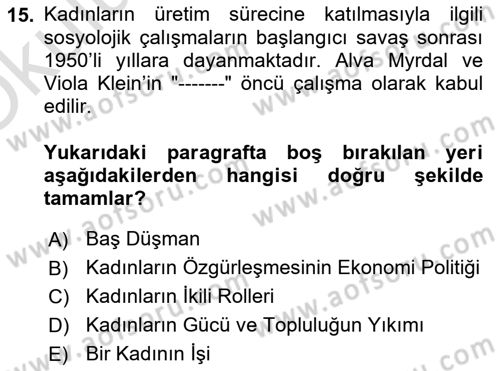 Toplumsal Cinsiyet Sosyolojisi Dersi 2025 - 2026 Yılı Yaz Okulu Sınav Soruları 15. Soru