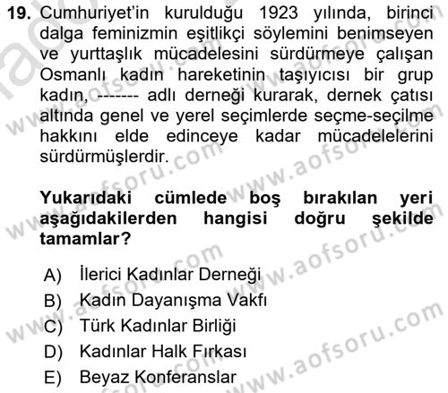 Toplumsal Cinsiyet Sosyolojisi Dersi 2025 - 2026 Yılı Yaz Okulu Sınav Soruları 19. Soru