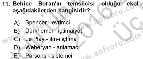 Türk Sosyologları Dersi 2016 - 2017 Yılı 3 Ders Sınav Soruları 11. Soru