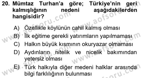 Türk Sosyologları Dersi 2017 - 2018 Yılı 3 Ders Sınav Soruları 20. Soru