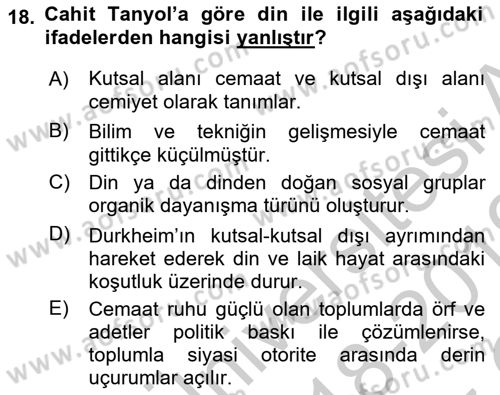 Türk Sosyologları Dersi 2018 - 2019 Yılı Yaz Okulu Sınav Soruları 18. Soru