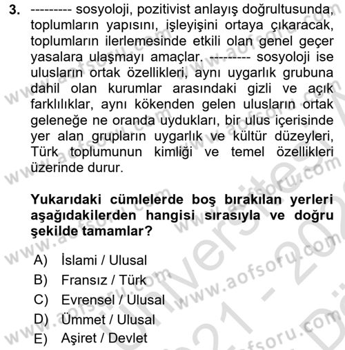 Türk Sosyologları Dersi 2021 - 2022 Yılı (Vize) Ara Sınav Soruları 3. Soru