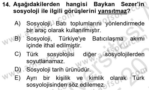 Türk Sosyologları Dersi 2021 - 2022 Yılı (Final) Dönem Sonu Sınav Soruları 14. Soru