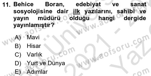 Türk Sosyologları Dersi 2021 - 2022 Yılı Yaz Okulu Sınav Soruları 11. Soru