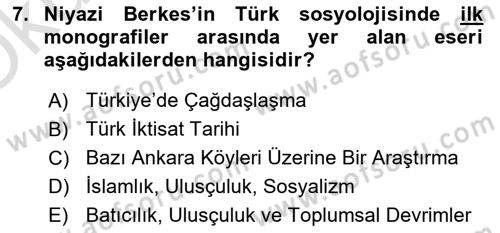 Türk Sosyologları Dersi 2021 - 2022 Yılı Yaz Okulu Sınav Soruları 7. Soru
