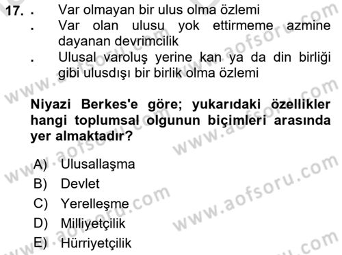 Türk Sosyologları Dersi 2024 - 2025 Yılı (Vize) Ara Sınav Soruları 17. Soru