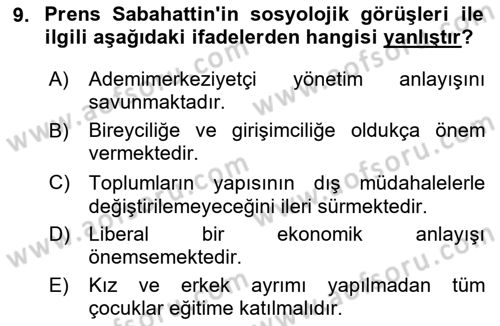 Türk Sosyologları Dersi 2025 - 2026 Yılı (Vize) Ara Sınav Soruları 9. Soru
