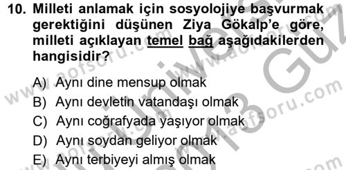 Türkiye´de Sosyoloji Dersi Ara Sınavı Deneme Sınav Soruları 10. Soru