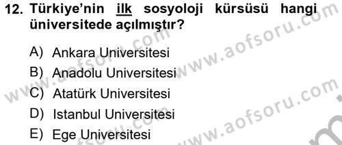 Türkiye´de Sosyoloji Dersi Ara Sınavı Deneme Sınav Soruları 12. Soru