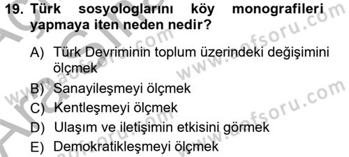 Türkiye´de Sosyoloji Dersi Ara Sınavı Deneme Sınav Soruları 19. Soru