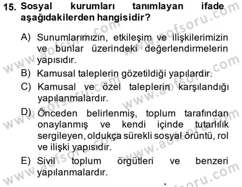 Türkiye´de Sosyoloji Dersi Ara Sınavı Deneme Sınav Soruları 15. Soru
