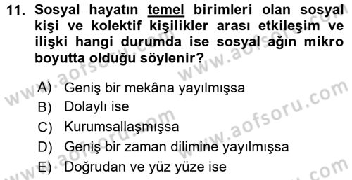 Türkiye´de Sosyoloji Dersi Ara Sınavı Deneme Sınav Soruları 11. Soru