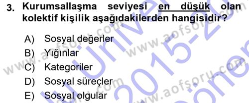 Türkiye´de Sosyoloji Dersi 2015 - 2016 Yılı (Final) Dönem Sonu Sınav Soruları 3. Soru
