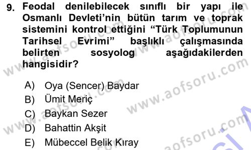 Türkiye´de Sosyoloji Dersi 2015 - 2016 Yılı (Final) Dönem Sonu Sınav Soruları 9. Soru