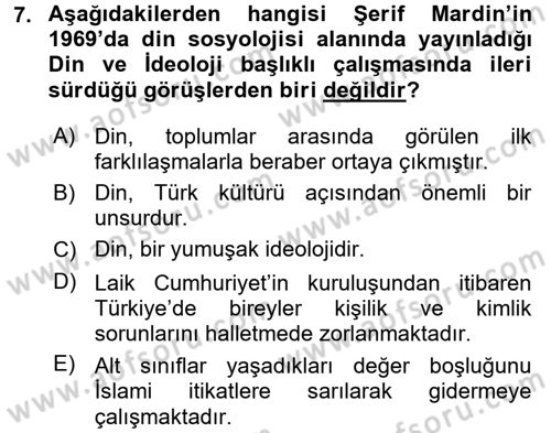 Türkiye´de Sosyoloji Dersi 2015 - 2016 Yılı Tek Ders Sınav Soruları 7. Soru