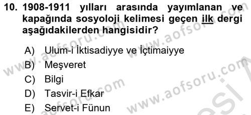 Türkiye´de Sosyoloji Dersi Ara Sınavı Deneme Sınav Soruları 10. Soru