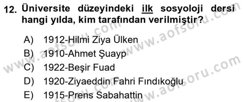 Türkiye´de Sosyoloji Dersi Ara Sınavı Deneme Sınav Soruları 12. Soru