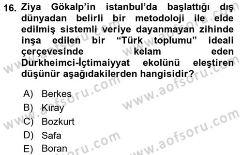 Türkiye´de Sosyoloji Dersi Ara Sınavı Deneme Sınav Soruları 16. Soru