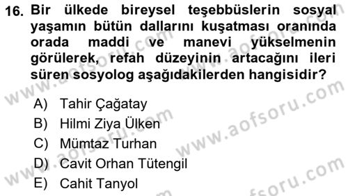 Türkiye´de Sosyoloji Dersi Ara Sınavı Deneme Sınav Soruları 16. Soru