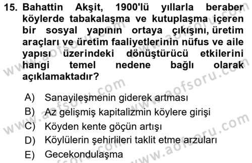 Türkiye´de Sosyoloji Dersi 2020 - 2021 Yılı Yaz Okulu Sınav Soruları 15. Soru