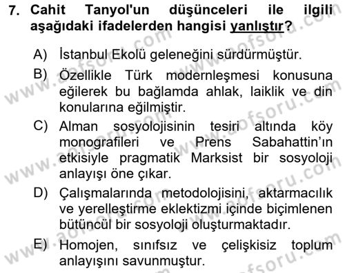 Türkiye´de Sosyoloji Dersi 2020 - 2021 Yılı Yaz Okulu Sınav Soruları 7. Soru