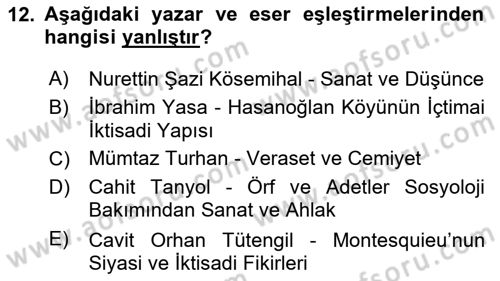 Türkiye´de Sosyoloji Dersi Ara Sınavı Deneme Sınav Soruları 12. Soru