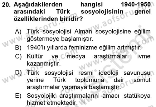Türkiye´de Sosyoloji Dersi Ara Sınavı Deneme Sınav Soruları 20. Soru