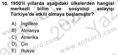 Türkiye´de Sosyoloji Dersi 2021 - 2022 Yılı Yaz Okulu Sınav Soruları 10. Soru