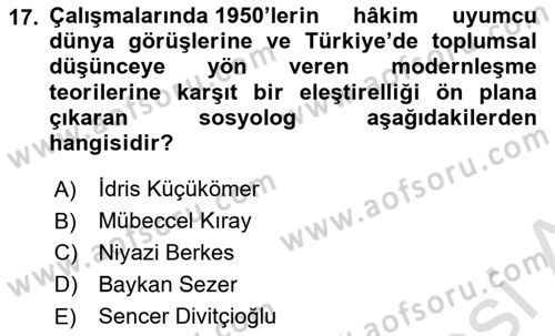 Türkiye´de Sosyoloji Dersi 2021 - 2022 Yılı Yaz Okulu Sınav Soruları 17. Soru