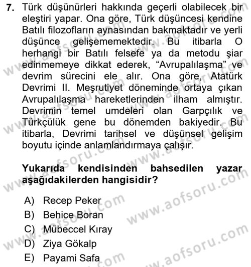Türkiye´de Sosyoloji Dersi 2021 - 2022 Yılı Yaz Okulu Sınav Soruları 7. Soru